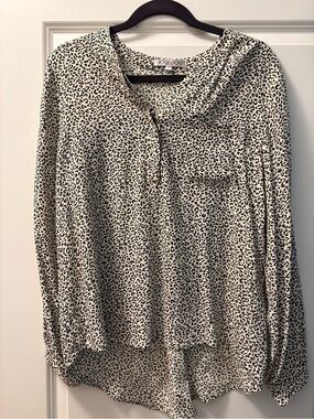 Joy Joy Cream and Black Leopard Print Button Henley Blouse